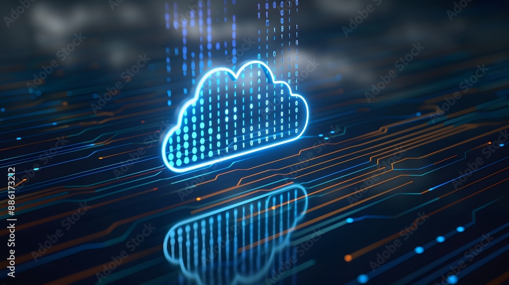 Digital cloud icon on futuristic blue circuit board. Concept of cloud computing, data storage, and digital technology. 3D Illustration. Digital cloud icon on futuristic blue circuit board. Concept of cloud computing, data storage, and digital technology. 3D Illustration.