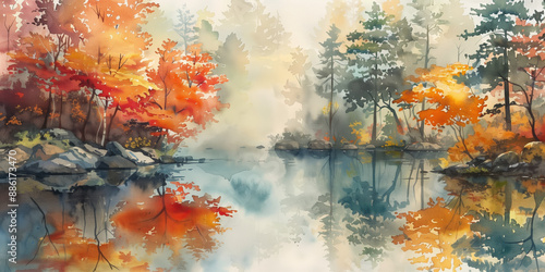 Misty Watercolor Forest Landscape with Koi Pond Reflection of Japanese Maple Trees and Gentle Fog photo