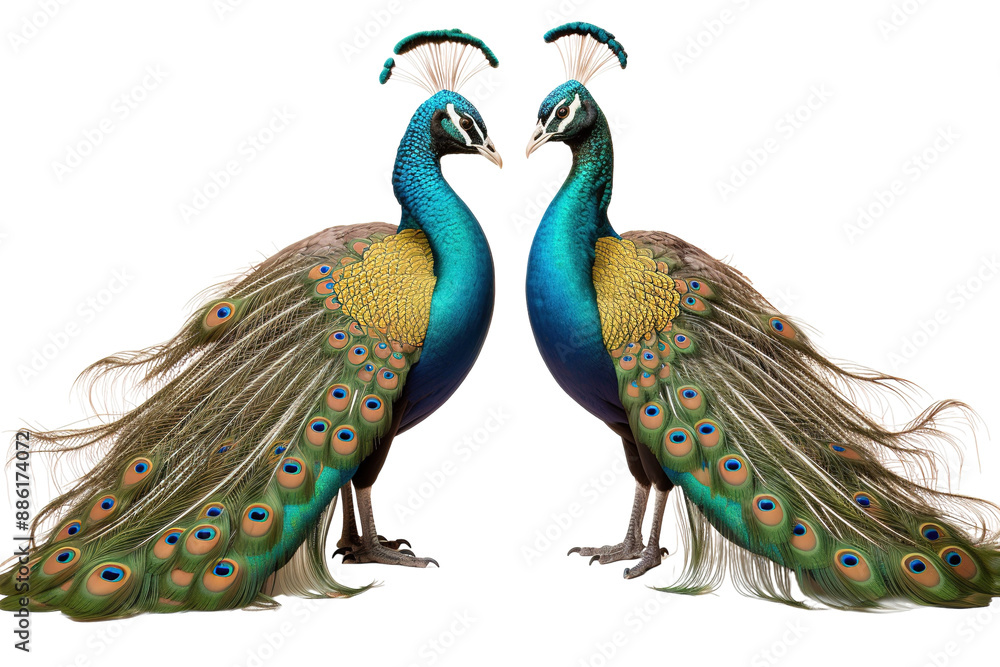 Fototapeta premium A Regal Dance of Two Peacocks in a Moment of Quiet Elegance on a White or Clear Surface PNG Transparent Background.