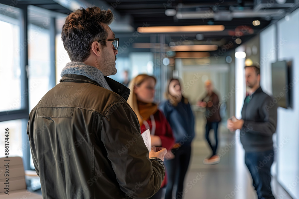 Leader guiding a group through a modern office, symbolizing guidance Leader guiding a group through a modern office, symbolizing guidance