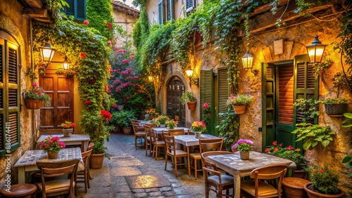 Cozy Italian restaurant tucked away in a historic, flower-filled alley, with rustic wooden tables and vintage shutters, surrounded by lush greenery and soft lighting. © Adisorn