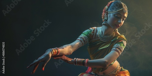 Young Indian Woman Dancing Gracefully in Traditional Attire During a Dance Performance photo