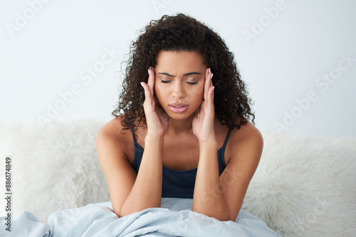 Tablou pe pânză Woman, waking up and headache in bedroom with stress, fear or frustrated for insomnia or mental fatigue