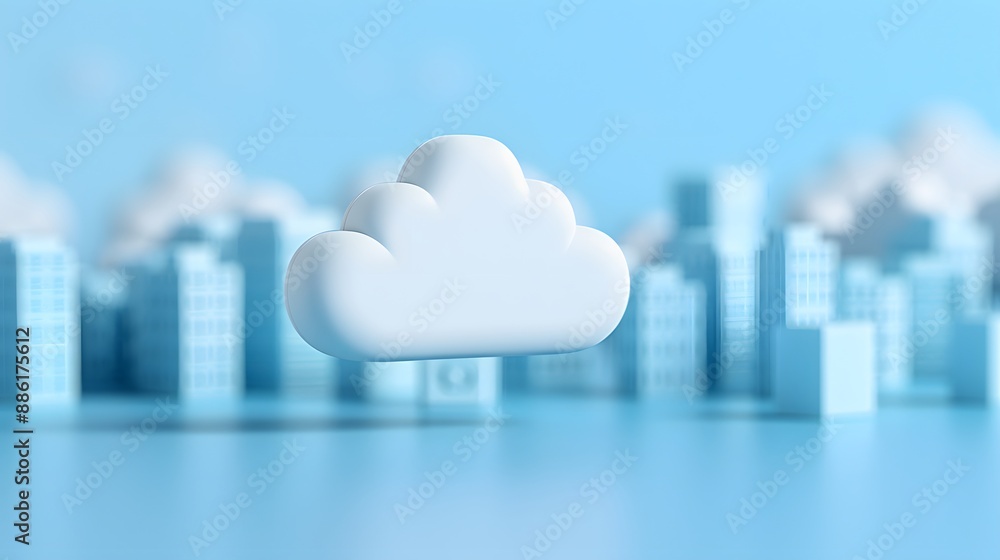 Floating white cloud icon over a blurred cityscape representing cloud computing and modern technology in a blue-toned environment. 3D Illustration. Floating white cloud icon over a blurred cityscape representing cloud computing and modern technology in a blue-toned environment. 3D Illustration.