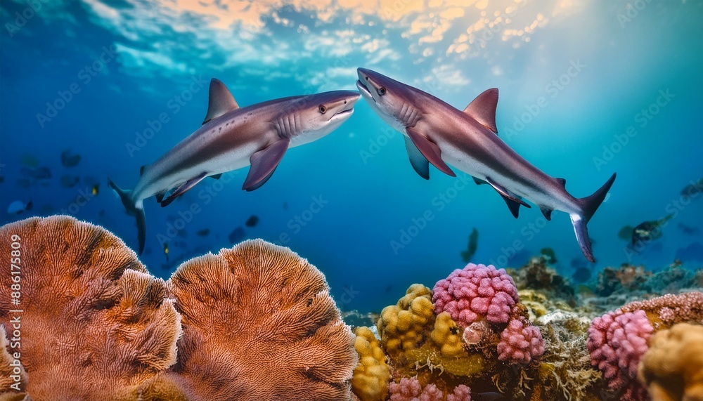 Obraz premium Ocean Ballet: Playful Sharks Dancing Amidst Vibrant Coral