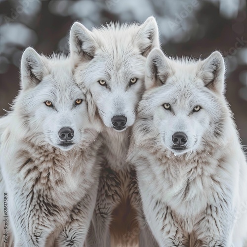 Three beautiful white wolfs looking directly into the camera