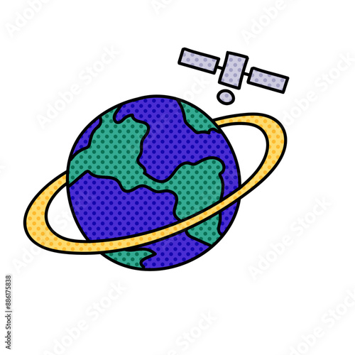 satellite orbiting earth halftone hand drawn  color vector illustration
