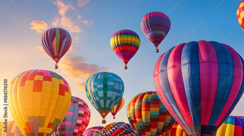 Obraz premium Collection of colorful hot air balloons arranged for a festival, dawn sunlight, festive and uplifting mood, intricate balloon designs and colors, adventurous and celebratory,