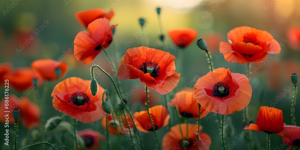 Obraz premium Blooming red poppies in a beautiful field with soft natural light. Concept Flower Photography, Nature Photoshoot, Poppy Field, Soft Lighting, Vibrant Colors