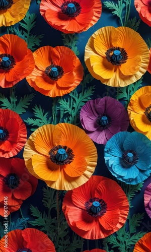 Wallpaper Mural Colorful Paper Flowers on a Blue Background. Torontodigital.ca