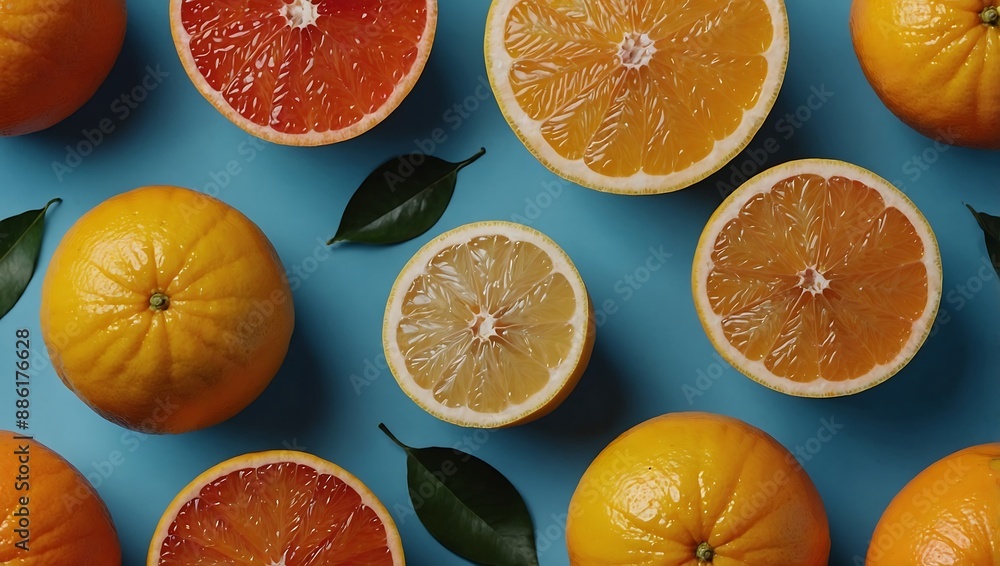 Summer citrus fruits flat lay on blue. Minimal sharp shadows, trendy social mockup or wallpaper Summer citrus fruits flat lay on blue. Minimal sharp shadows, trendy social mockup or wallpaper
