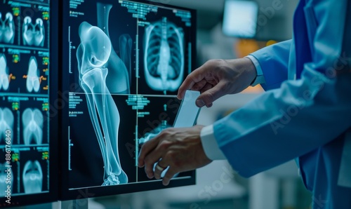 Orthopedic surgeon examines patient's knee x-ray, MRI bone, CT scan in radiology orthopedic unit, hospital background. Knee joint X-ray film, generated by AI, 4k HD wallpaper, background, generated by