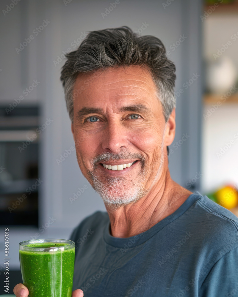 A cheerful middle-aged American man holding a green smoothie in his kitchen, embodying a healthy lifestyle A cheerful middle-aged American man holding a green smoothie in his kitchen, embodying a healthy lifestyle