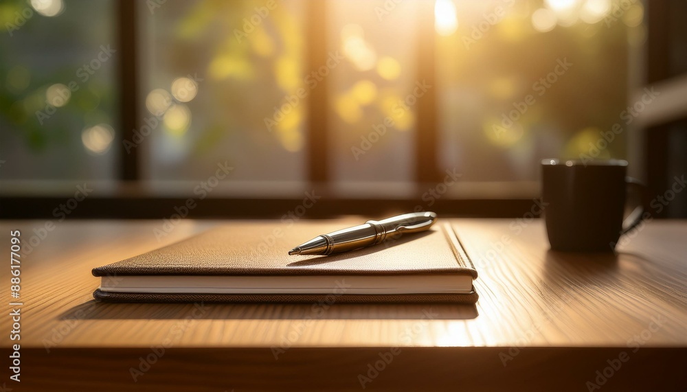 Obraz premium Calm Reflections: Pen and Journal on Wooden Table, Signifying Ideas and Focus