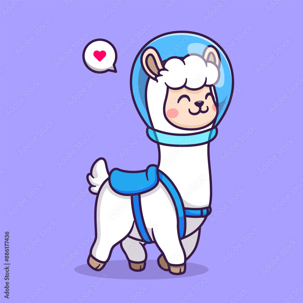 Fototapeta premium Cute Llama Alpaca Astronaut Walking Cartoon Vector Icon Illustration. Science Animal Icon Concept Isolated Premium Vector. Flat Cartoon Style
