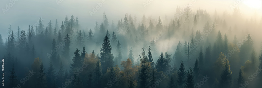 Fototapeta premium Foggy Forest Landscape at Dawn with Soft Sunlight and Serene Atmosphere