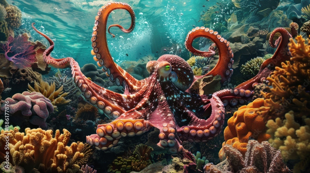 A large octopus is swimming in the ocean A large octopus is swimming in the ocean