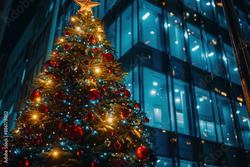 Christmas tree decorated with red baubles and warm lights standing in front of a modern office building at night