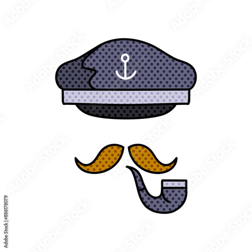 ship captain hat and cigarette holder halftone hand drawn  color vector illustration