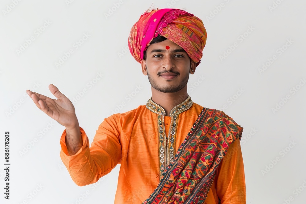 Fototapeta premium Young Indian Man in Colorful Traditional Attire and Turban Gesturing with Hand