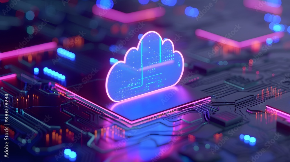 Futuristic cloud computing concept with digital cloud symbol on a circuit board background, representing modern data storage and technology. 3D Illustration. Futuristic cloud computing concept with digital cloud symbol on a circuit board background, representing modern data storage and technology. 3D Illustration.