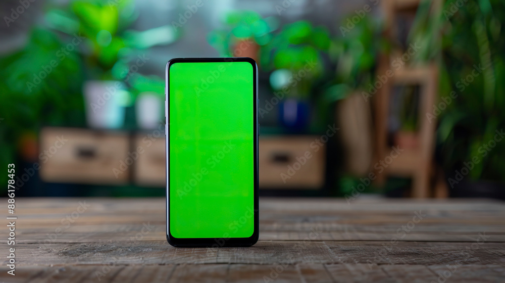 Smartphone with green screen on wooden table. Smartphone with green screen on wooden table.