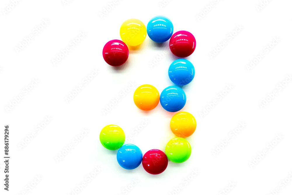 Digit 3 of multicolored rainbow candies isolated on white background. alphabet and numbers Digit 3 of multicolored rainbow candies isolated on white background. alphabet and numbers