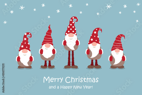 christmas greeting card with cute christmas dwarf in winter vector illustration