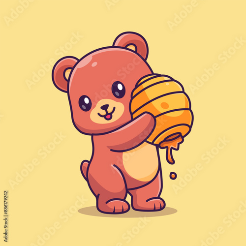 Cute Bear Holding Honeycomb Cartoon Vector Icon 
Illustration. Animal Nature Icon Concept Isolated Premium
Vector. Flat Cartoon Style