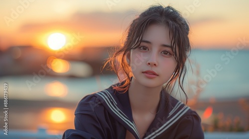 Young woman in a sailor uniform looks at the camera with a soft expression. The warm sunset colors illuminate her face and the landscape behind her.