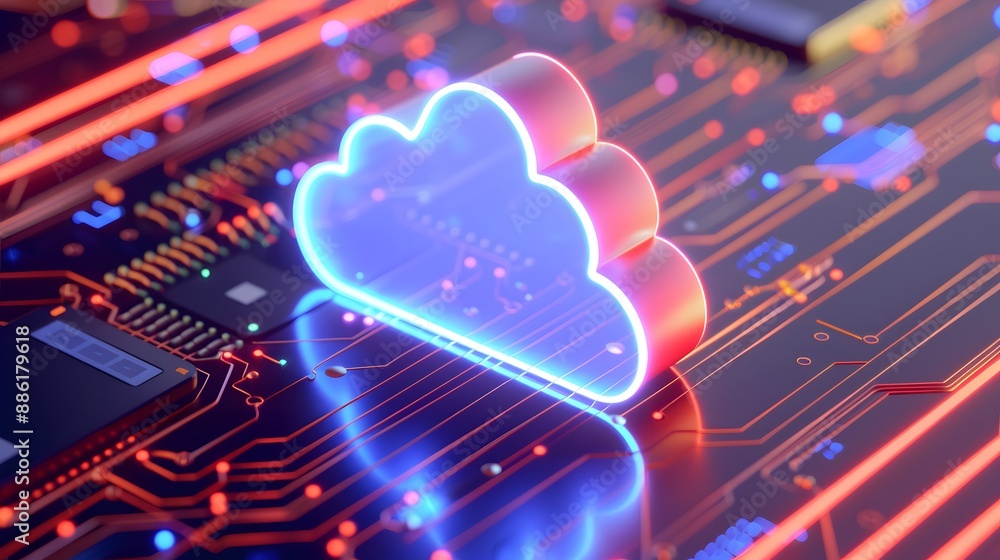 Fototapeta premium Futuristic cloud computing concept with neon cloud symbol on a glowing circuit board, representing modern digital technology. 3D Illustration.