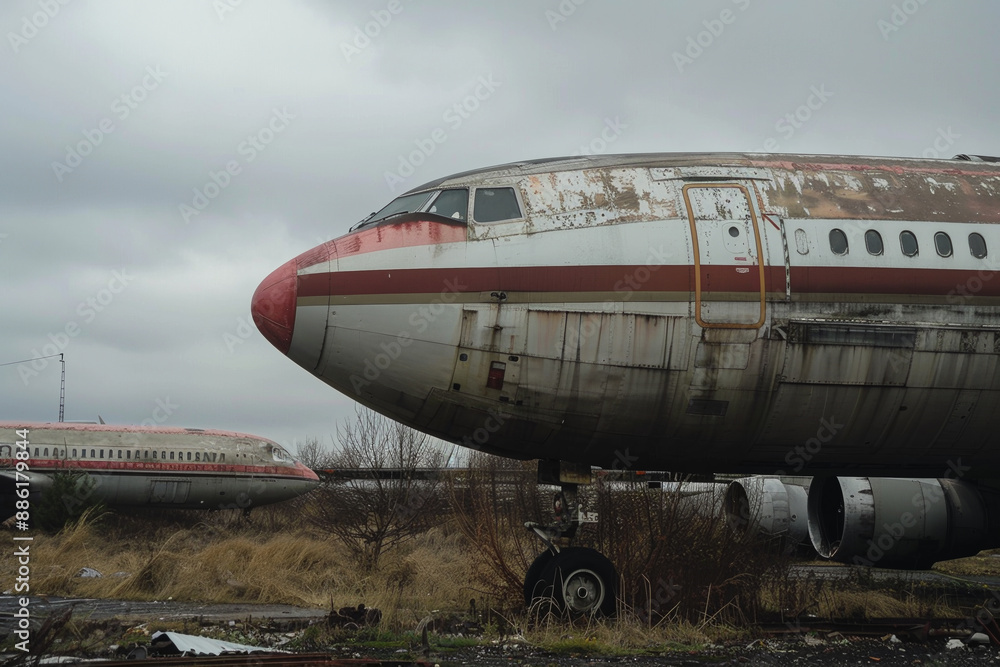 An old airplane is sitting in a field with a cloudy sky in the background An old airplane is sitting in a field with a cloudy sky in the background