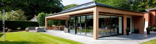 Wallpaper Mural Modern house with large glass windows and spacious outdoor patio with wooden beams, surrounded by green garden and trees on a sunny day. Torontodigital.ca