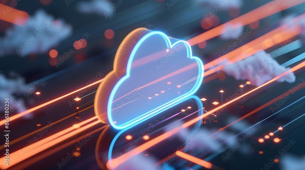 Futuristic cloud computing concept with neon lights and digital elements, representing modern technology and data storage solutions. 3D Illustration. Futuristic cloud computing concept with neon lights and digital elements, representing modern technology and data storage solutions. 3D Illustration.