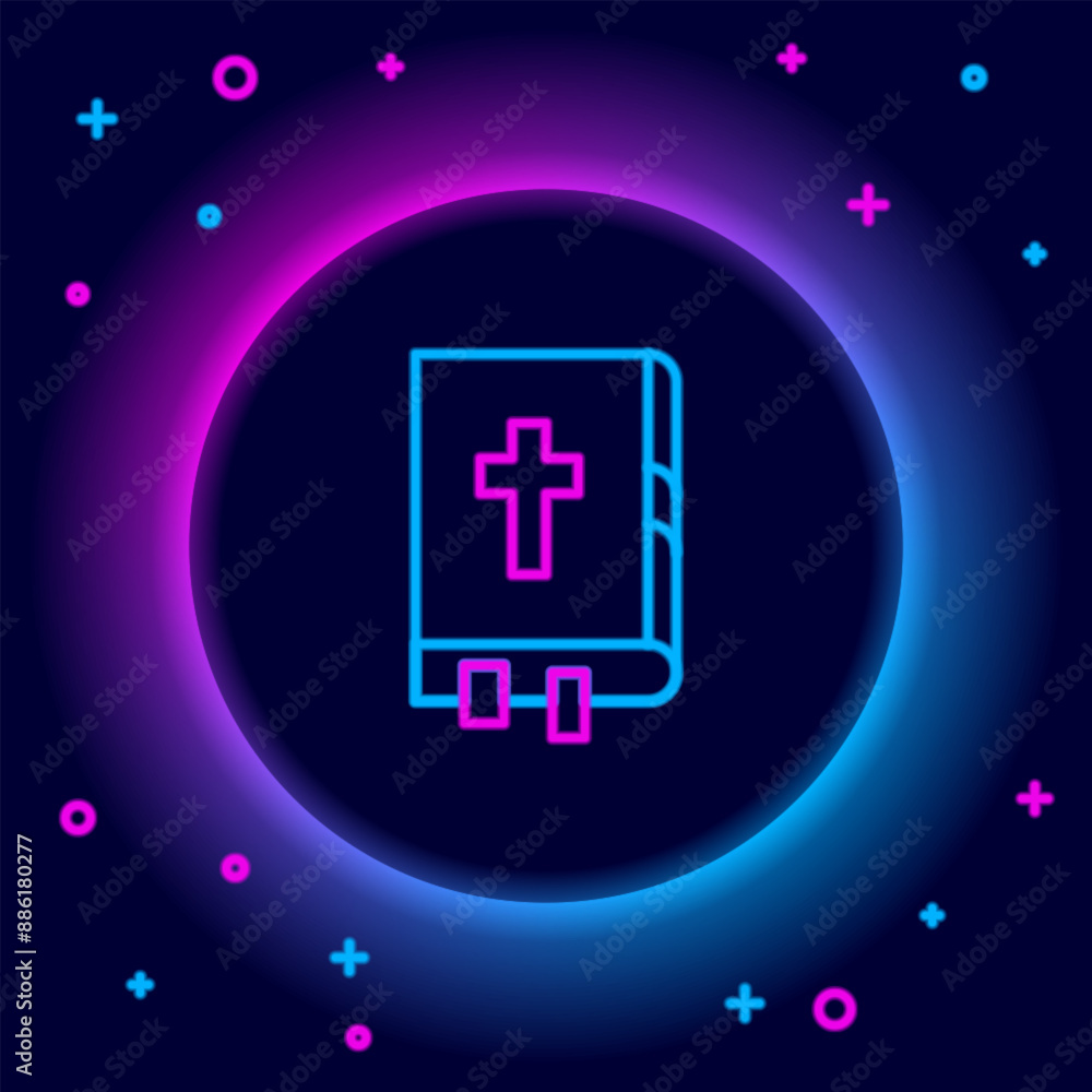 Fototapeta premium Glowing neon line Holy bible book icon isolated on black background. Colorful outline concept. Vector
