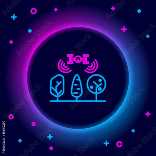 Glowing neon line Smart farm with drone control and tree icon isolated on black background. Innovation technology for agricultural company. Colorful outline concept. Vector