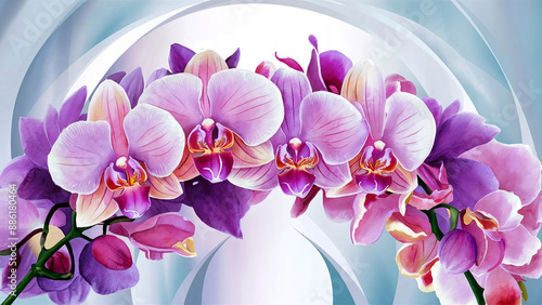 Illustration of exquisite orchid flowers with a soft light background, perfect for luxury greeting cards and elegant design themes. 