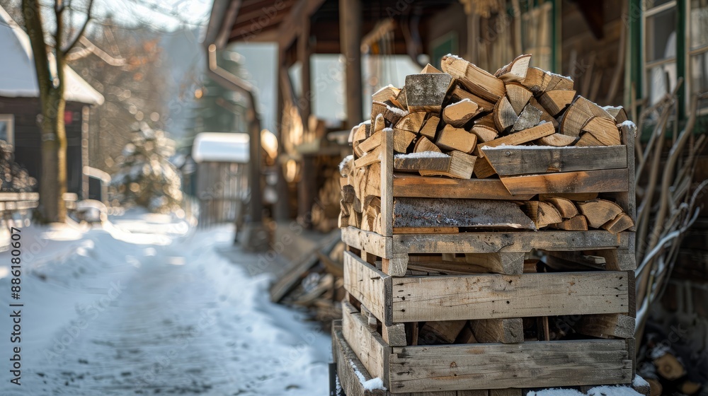 Home Heating Made Easy: Chopped Firewood Ready in Wooden Crate by Entrance, Efficient Winter Log Storage, Easily Accessible for Cold Weather Comfort, Sustainable Energy Source Home Heating Made Easy: Chopped Firewood Ready in Wooden Crate by Entrance, Efficient Winter Log Storage, Easily Accessible for Cold Weather Comfort, Sustainable Energy Source