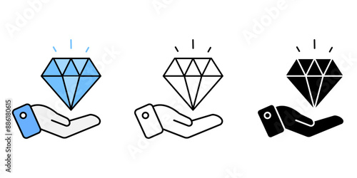 Hand and Diamond icons set. Black, linear and color luxury symbols isolated background. vector illustration