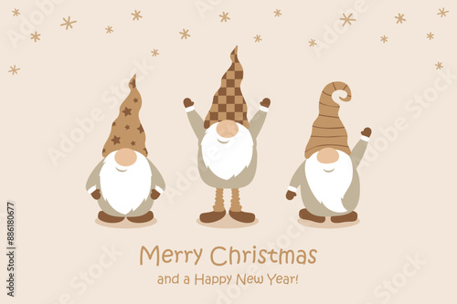 christmas greeting card with cute christmas dwarf in winter vector illustration