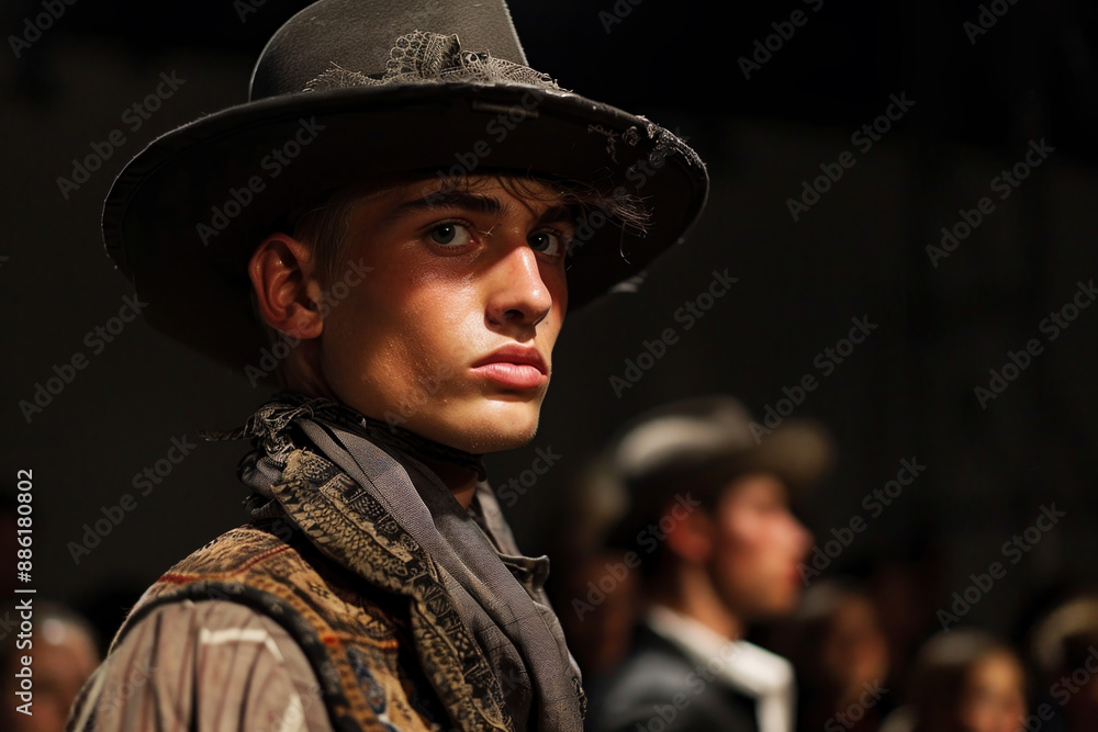 A man in a hat and vest stands in front of a crowd A man in a hat and vest stands in front of a crowd