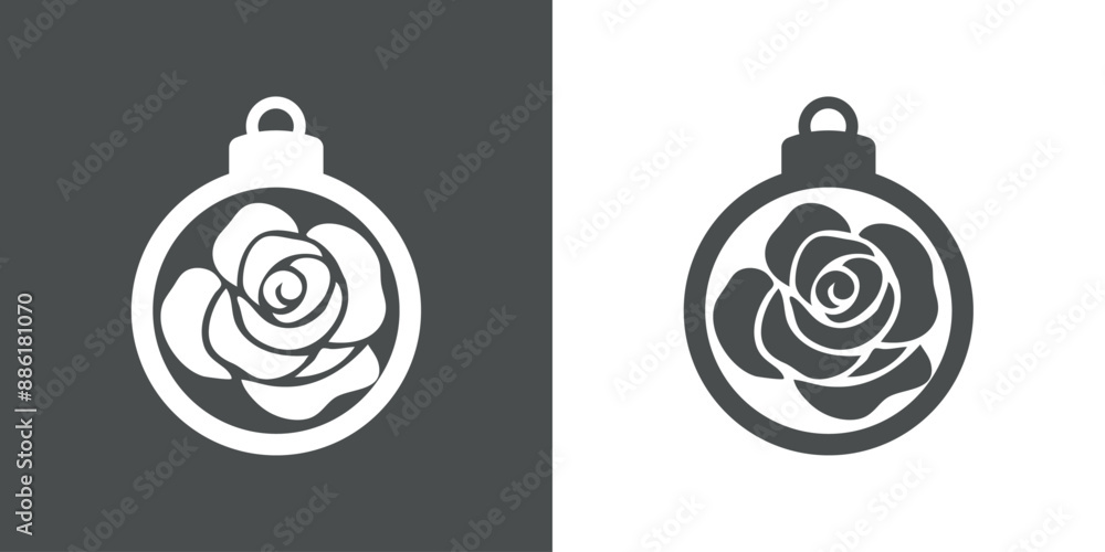 Tiempo de Navidad. Logo con silueta de bola de navidad con flor rosa para tarjetas y felicitaciones Tiempo de Navidad. Logo con silueta de bola de navidad con flor rosa para tarjetas y felicitaciones