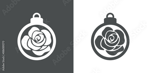 Tiempo de Navidad. Logo con silueta de bola de navidad con flor rosa para tarjetas y felicitaciones