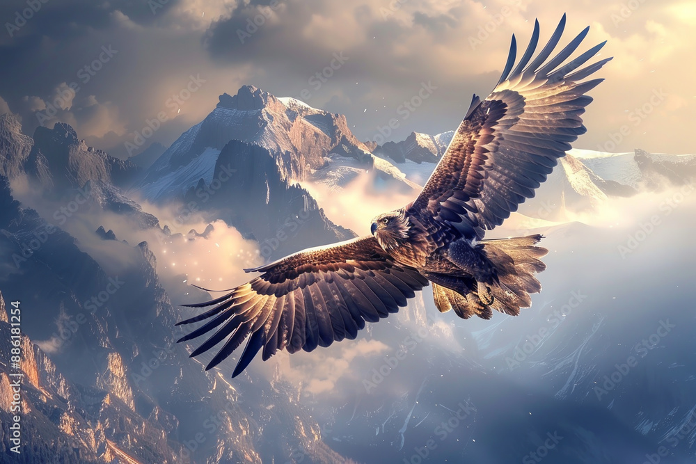 Fototapeta premium A large eagle is flying over a mountain range