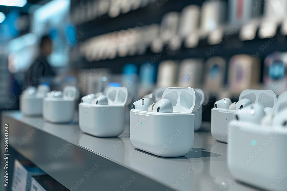 Obraz premium A row of white earbuds are displayed on a counter