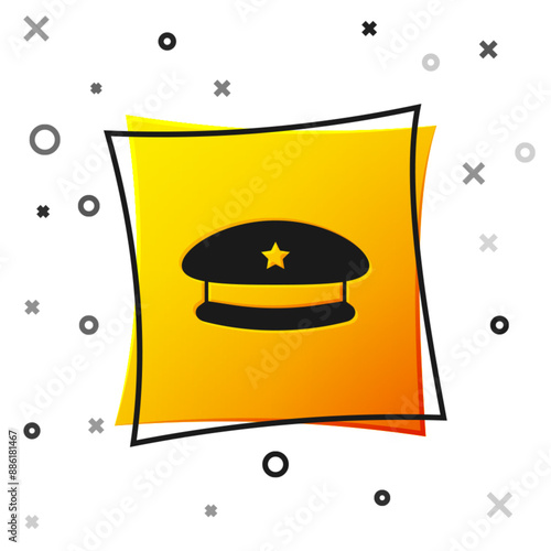 Black Military beret icon isolated on white background. Soldiers cap. Army hat. War baret. Yellow square button. Vector