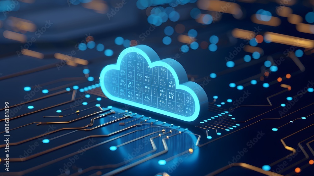 Futuristic cloud computing technology concept with glowing circuit board background, representing data storage and digital innovation. 3D Illustration. Futuristic cloud computing technology concept with glowing circuit board background, representing data storage and digital innovation. 3D Illustration.
