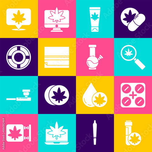 Set Chemical test tube with marijuana, Medical pills, Magnifying glass and, cream, Rolling paper, Ashtray, Location cannabis and Glass bong for smoking icon. Vector