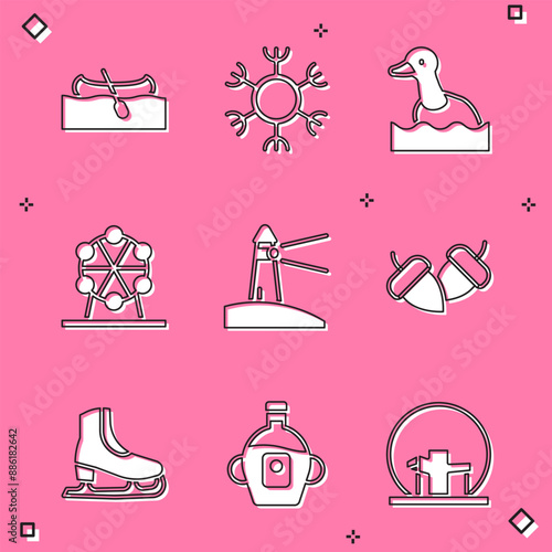 Set Kayak or canoe, Snowflake, Flying duck, Ferris wheel, Lighthouse, Acorn, Skates and Maple syrup icon. Vector