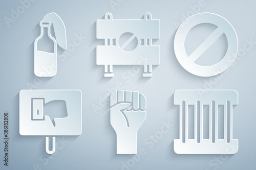 Set Raised hand with clenched fist, Ban, Protest, Prison window, Road barrier and Cocktail molotov icon. Vector